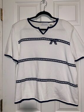 Alfred Dunner White Sweater with Navy Trim and Stripes